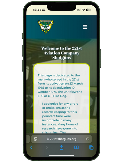 A mobile mockup of a website called 221stshotguns that Camp Web Designs built and what it looks like