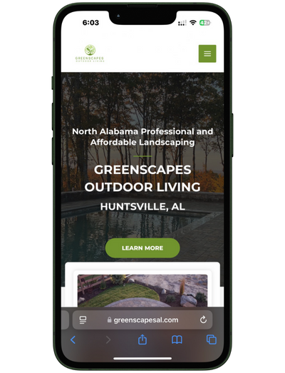 A mobile mockup of a website called greenscapes outdoor living that Camp Web Designs built