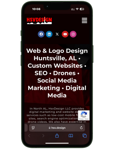 A mobile mockup of a website called HsvDesign that Camp Web Designs built and what it looks like